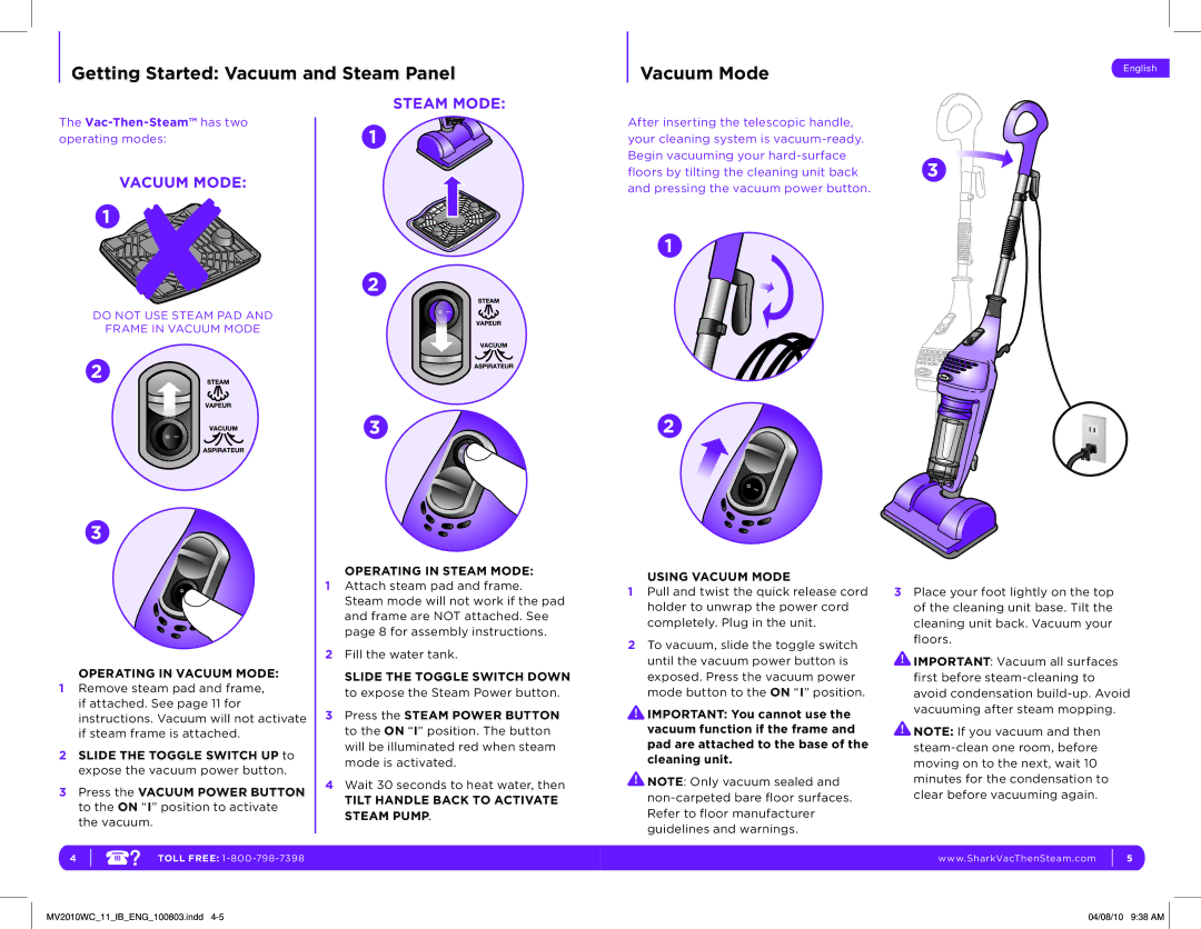 Shark MV2010WC manual Getting Started Vacuum and Steam Panel, Operating in Vacuum Mode, Operating in Steam Mode 