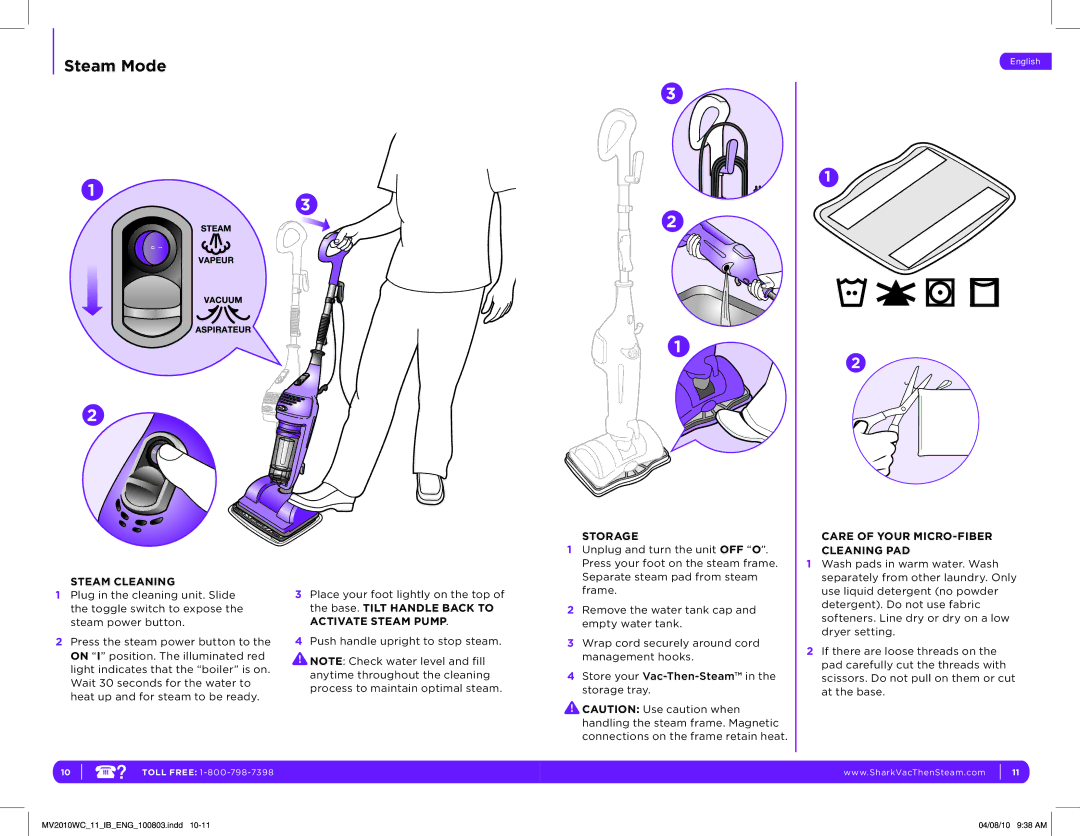 Shark MV2010WC manual Care of Your MICRO-FIBER Cleaning PAD Steam Cleaning 