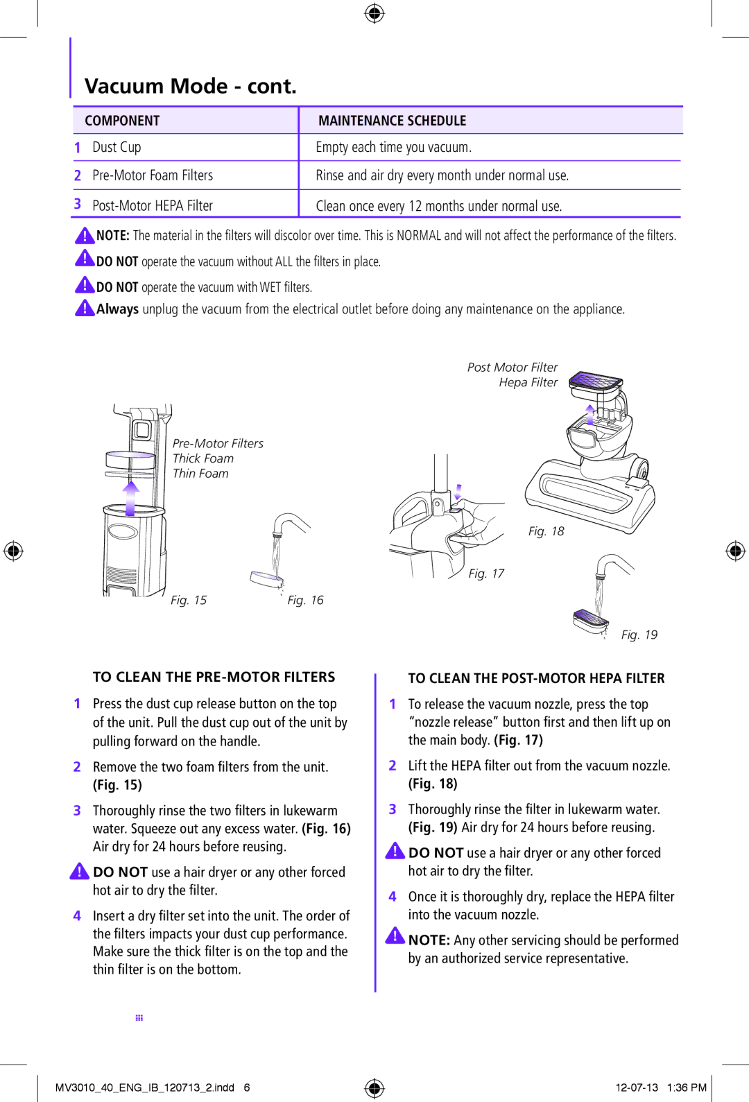 Shark MV3010-FS Component Maintenance Schedule, To Clean the PRE-MOTOR Filters, Remove the two foam filters from the unit 