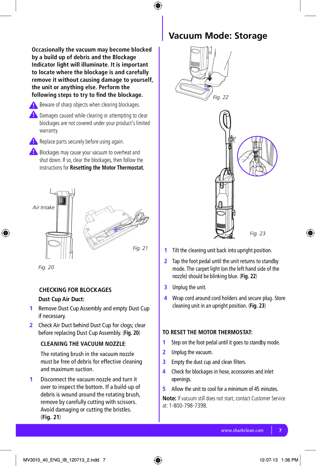 Shark MV3010-FS Vacuum Mode Storage, Checking for Blockages, Cleaning the Vacuum Nozzle, To Reset the Motor Thermostat 