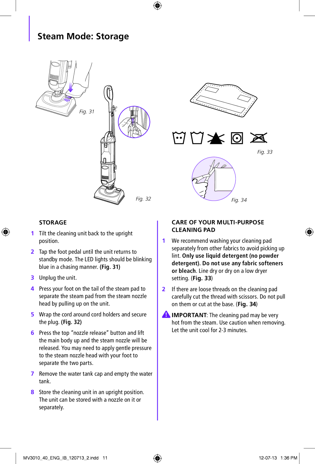 Shark MV3010-FS manual Steam Mode Storage, Tilt the cleaning unit back to the upright position 