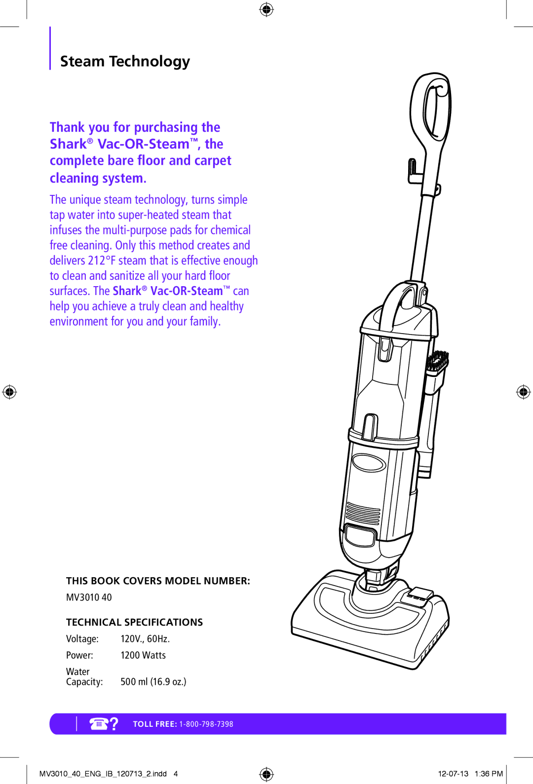 Shark MV3010-FS manual Steam Technology, This Book Covers Model Number, Technical Specifications 