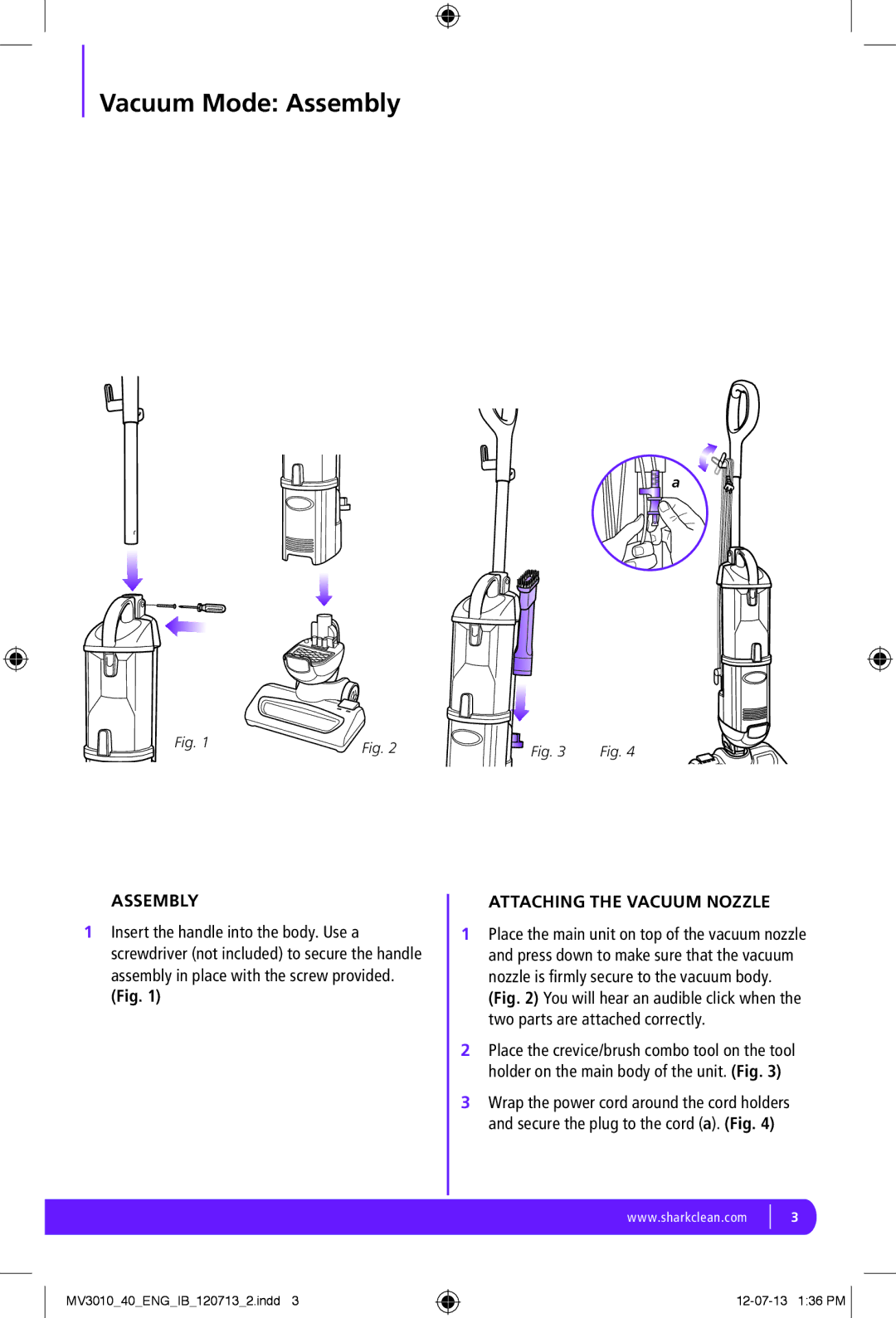 Shark MV3010-FS manual Vacuum Mode Assembly, Attaching the Vacuum Nozzle 