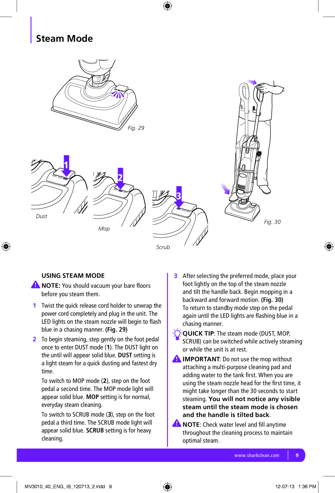 Shark MV3010-FS manual Using Steam Mode 
