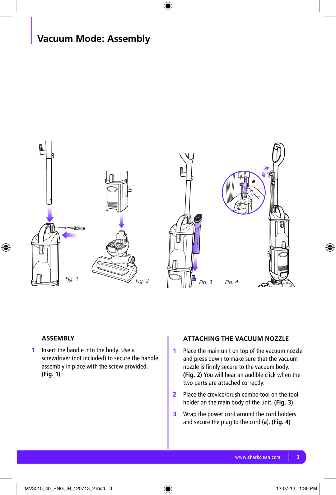 Shark MV3010-FS manual Vacuum Mode Assembly, Attaching The Vacuum Nozzle 