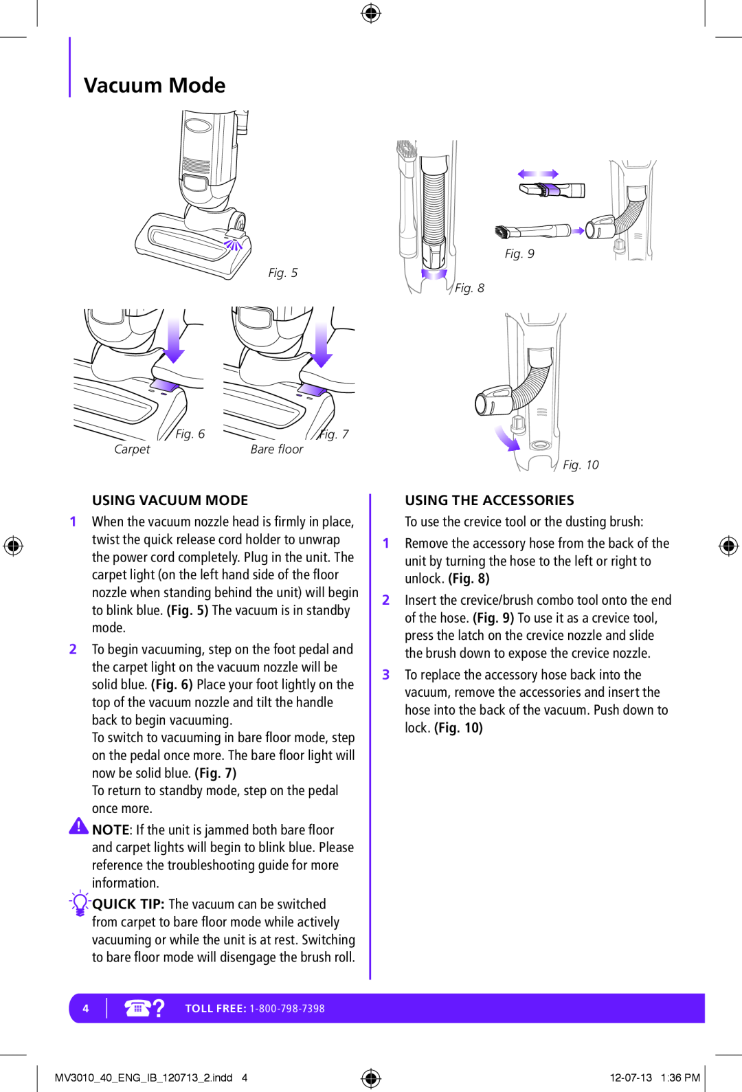 Shark MV3010-FS manual Using Vacuum Mode, Using The Accessories 