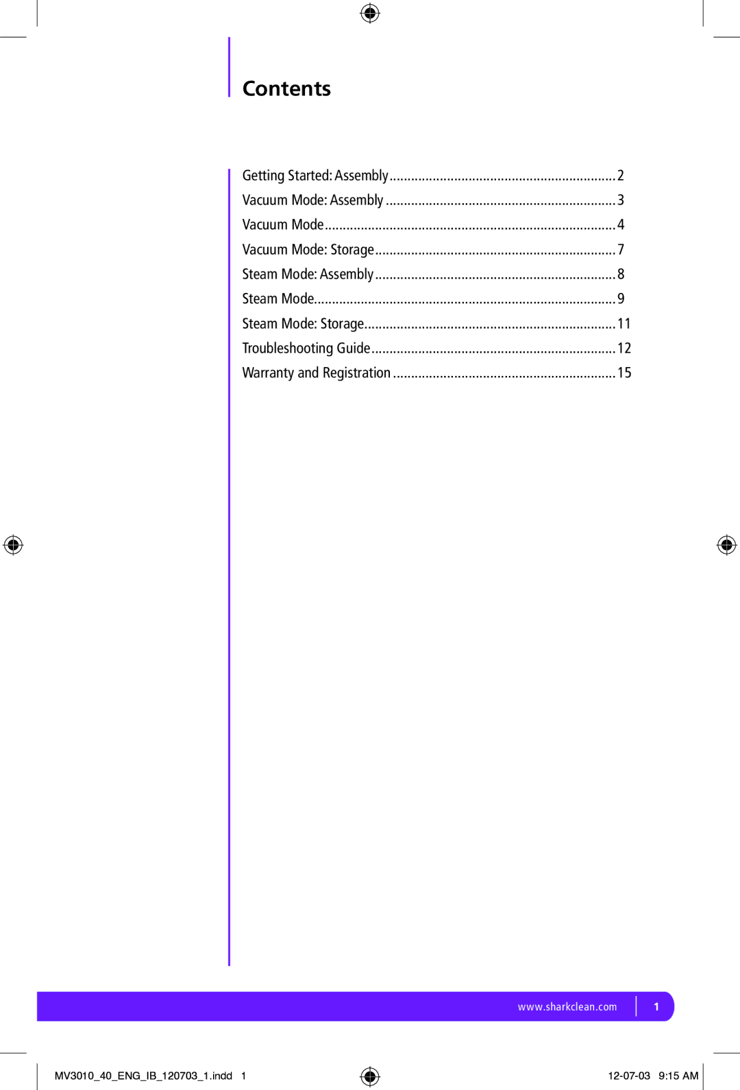 Shark MV3010 manual Contents 