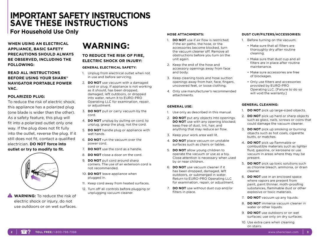 Shark NH130 manual Important Safety Instructions Save These Instructions 