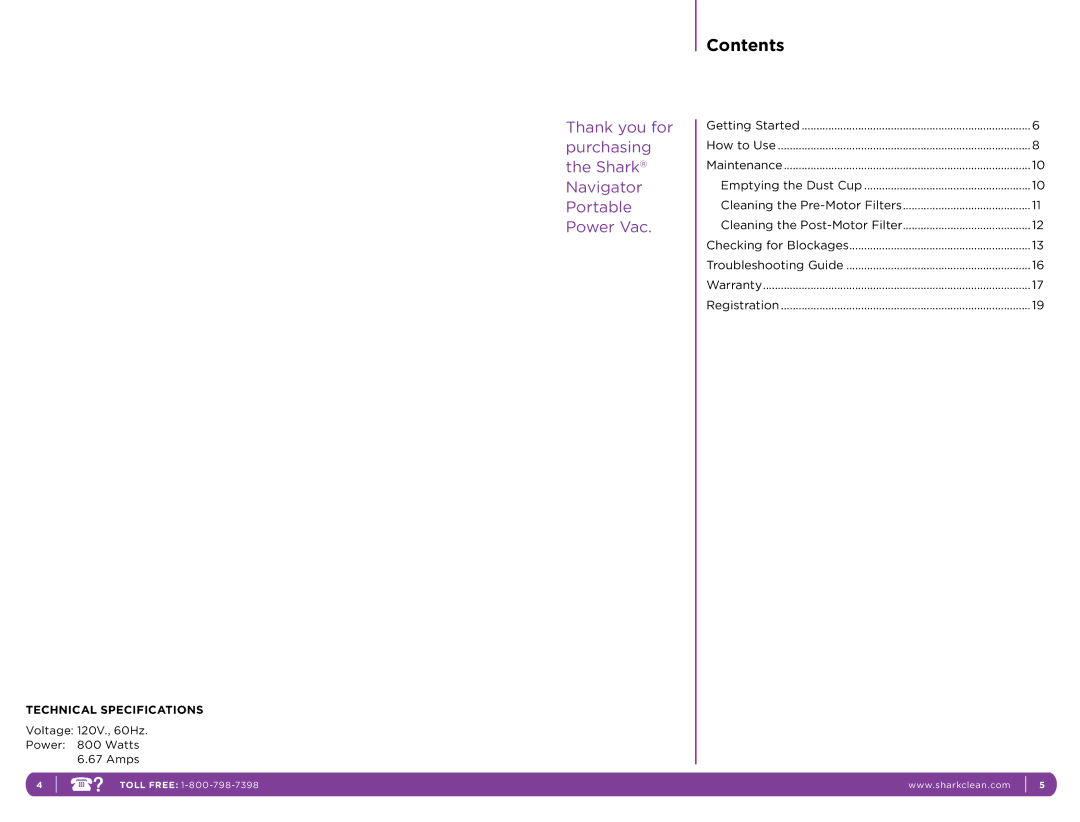 Shark NH130 manual Contents 