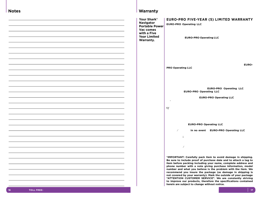 Shark NH130 manual EURO-PRO FIVE-YEAR 5 Limited Warranty 