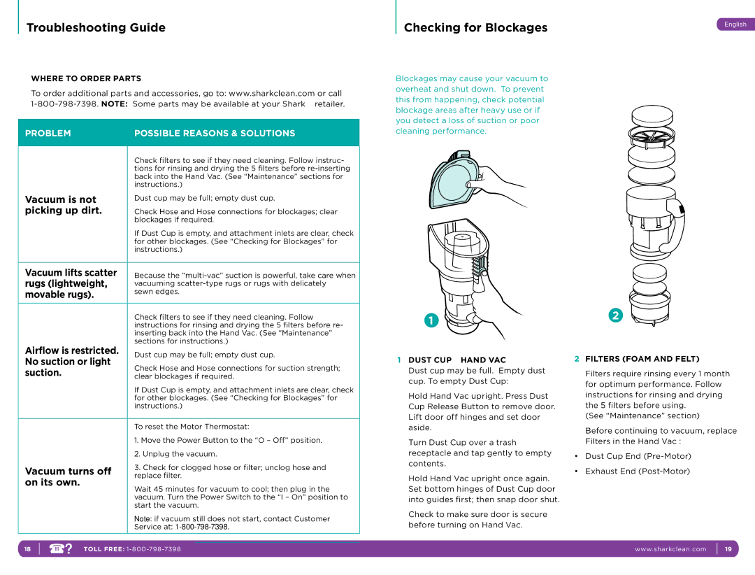 Shark NH15 Troubleshooting Guide, Checking for Blockages, Where to Order Parts, Dust CUP Hand VAC, Filters Foam and Felt 