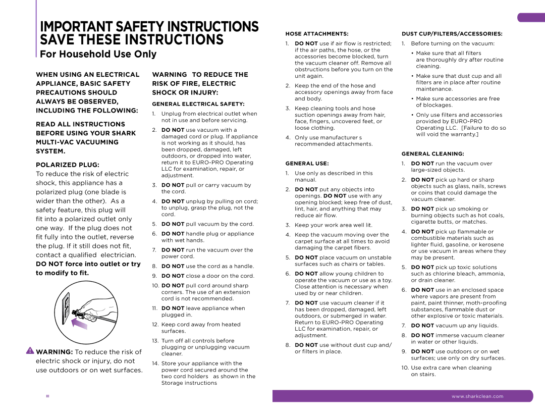 Shark NH15W, NH15C manual Important Safety Instructions Save These Instructions 