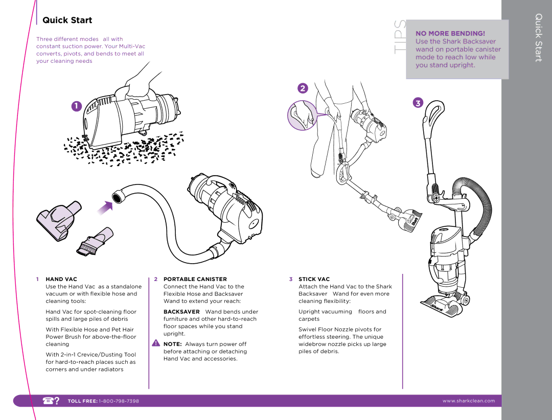 Shark NH15C, NH15W manual Quick Start, No More Bending 