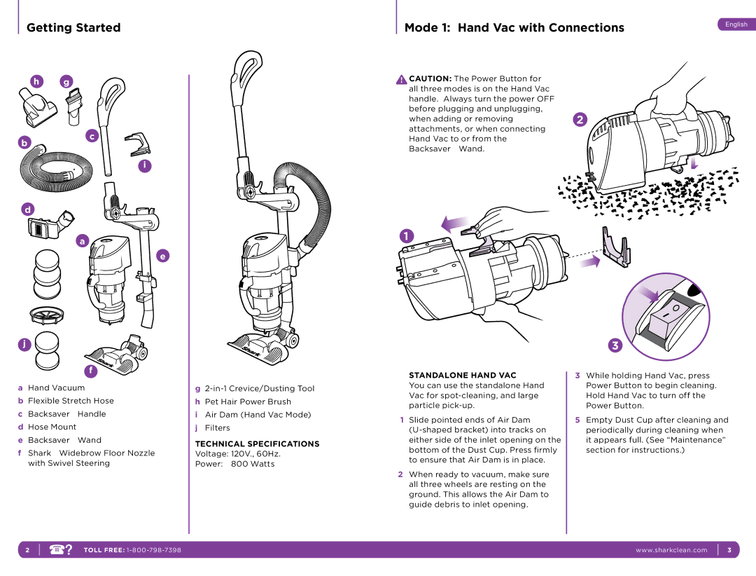 Shark NH15W, NH15C manual Getting Started, Mode 1 Hand Vac with Connections, Technical Specifications, Standalone Hand VAC 