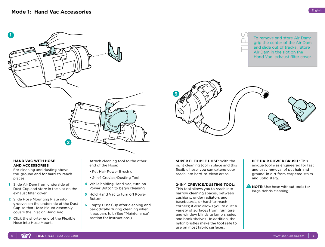 Shark NH15C, NH15W manual Mode 1 Hand Vac Accessories, Hand VAC with Hose Accessories 