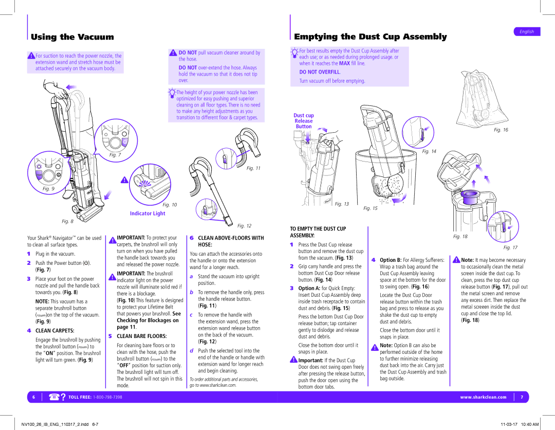 Shark NV100 manual Using the Vacuum Emptying the Dust Cup Assembly 