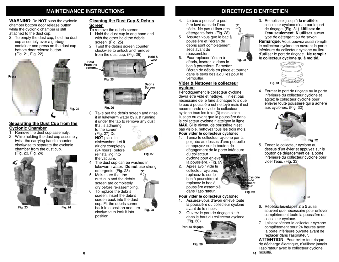 Shark NV31N owner manual Maintenance Instructions Directives D’ENTRETIEN, Cleaning the Dust Cup & Debris Screen 