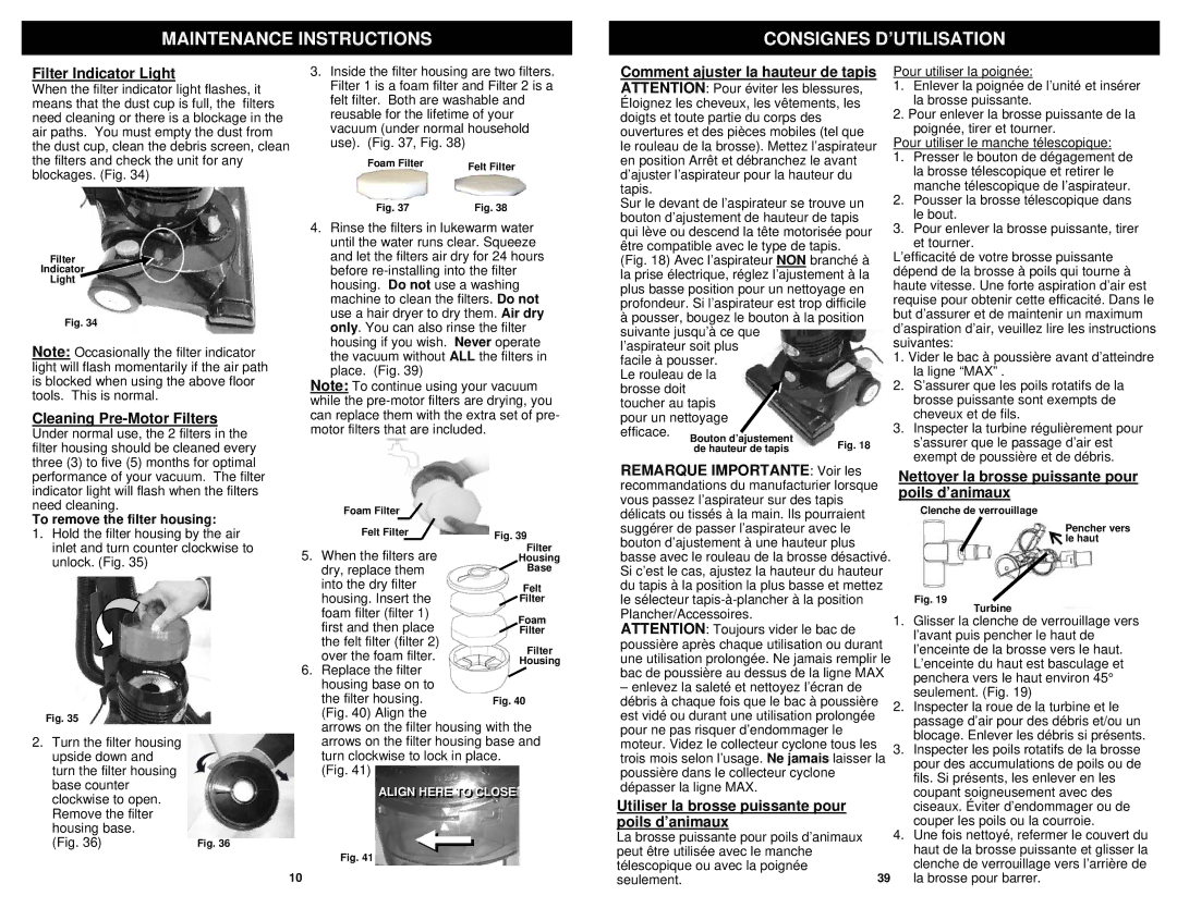 Shark NV31N Maintenance Instructions Consignes D’UTILISATION, Filter Indicator Light, Comment ajuster la hauteur de tapis 