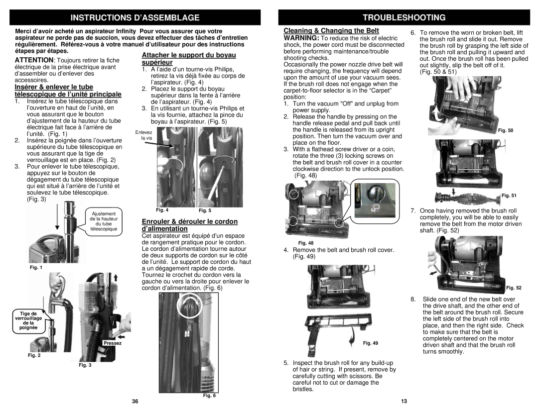 Shark NV31N owner manual Instructions D’ASSEMBLAGE Troubleshooting, Enrouler & dérouler le cordon d’alimentation 