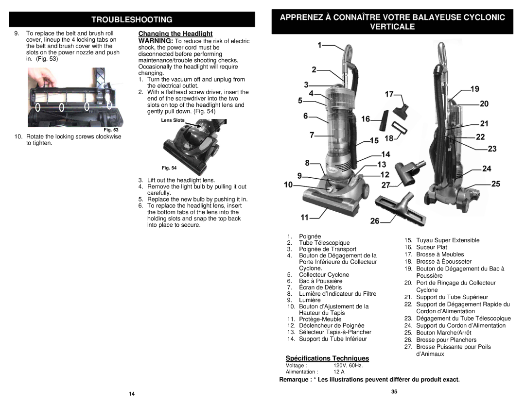 Shark NV31N owner manual Spécifications Techniques 