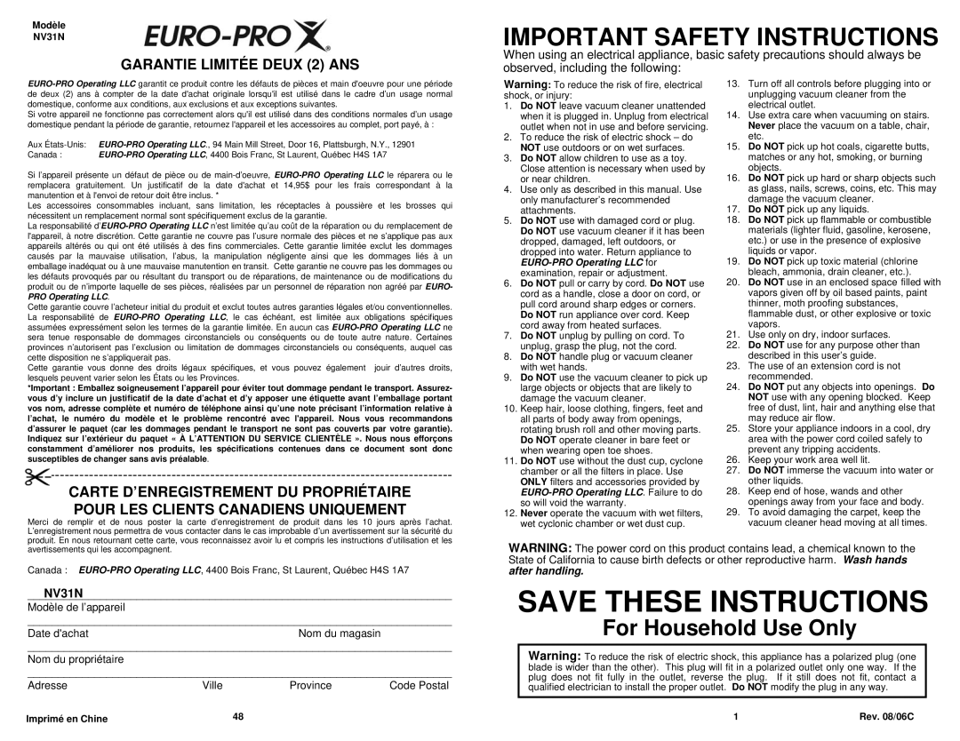 Shark NV31N owner manual Important Safety Instructions 