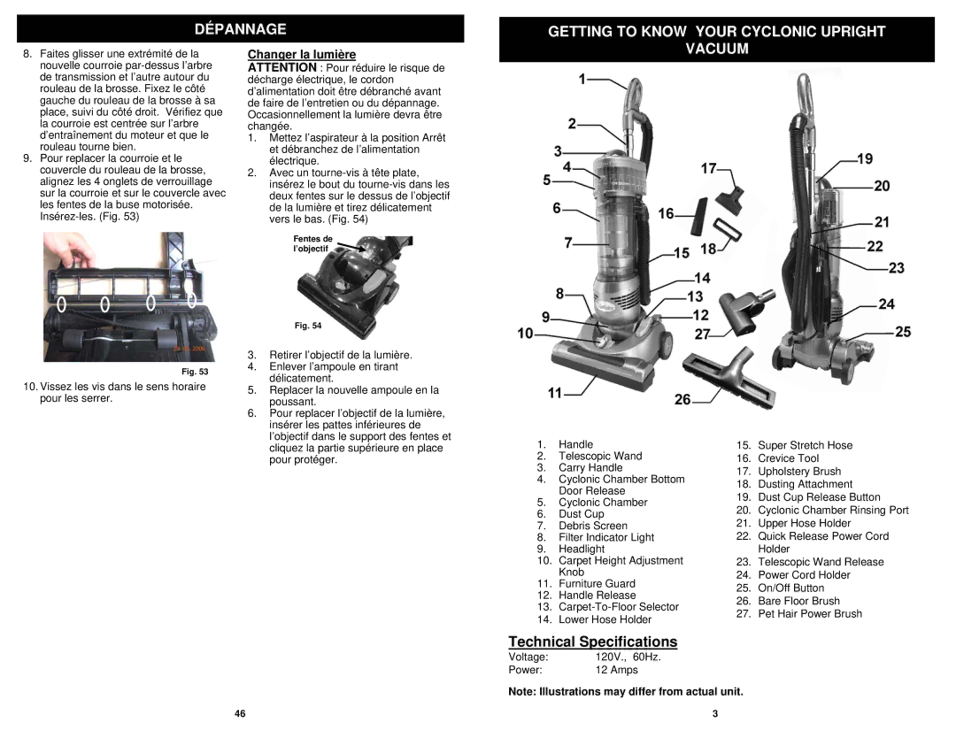 Shark NV31N owner manual Dépannage Getting to Know Your Cyclonic Upright, Vacuum, Changer la lumière 