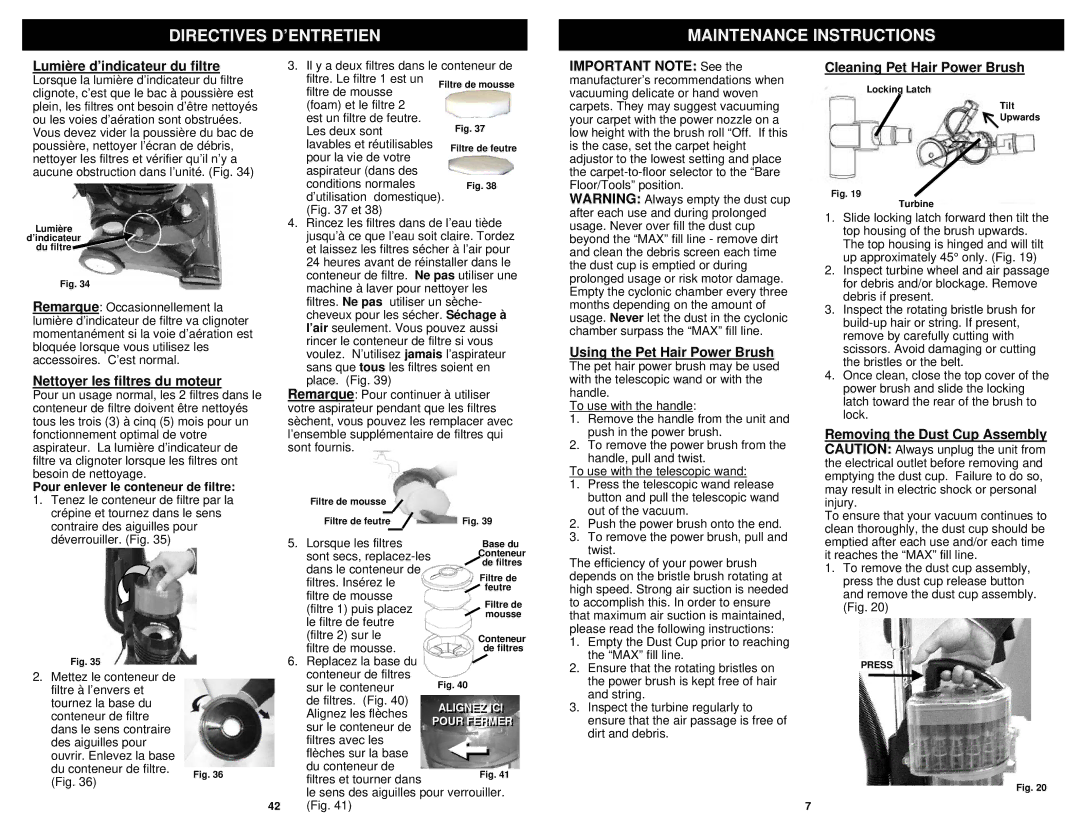 Shark NV31N owner manual Directives D’ENTRETIEN Maintenance Instructions 