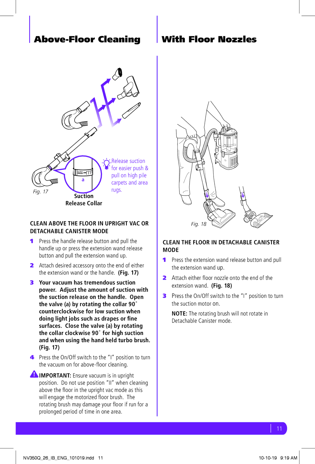 Shark NV350Q manual Above-Floor Cleaning With Floor Nozzles, Clean the Floor in Detachable Canister Mode 