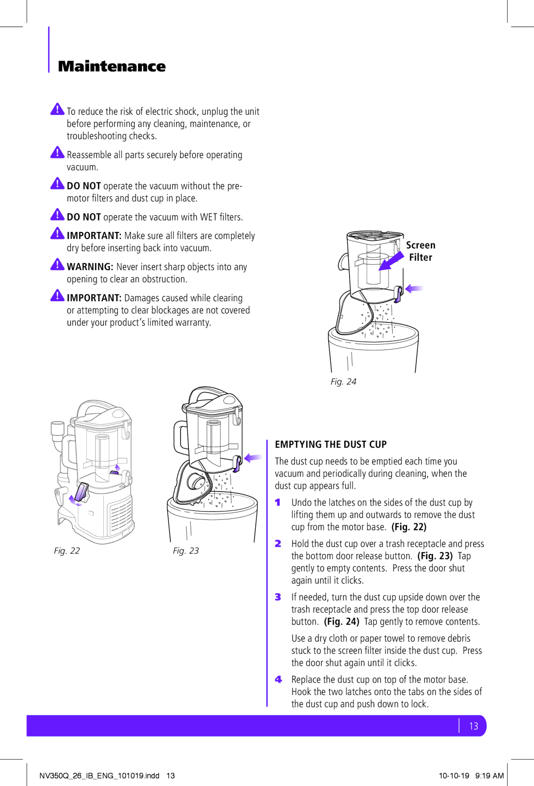 Shark NV350Q manual Maintenance, Reassemble all parts securely before operating vacuum, Emptying the Dust CUP 