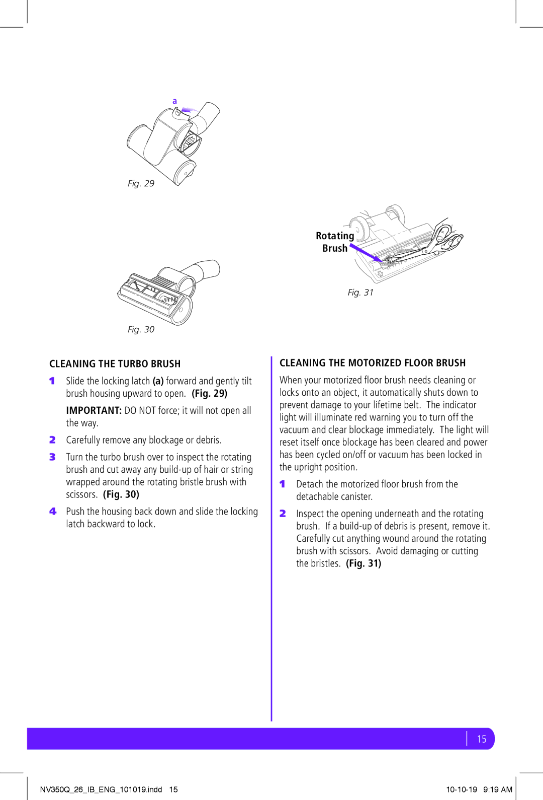 Shark NV350Q manual Cleaning the Turbo Brush, Cleaning the Motorized Floor Brush 