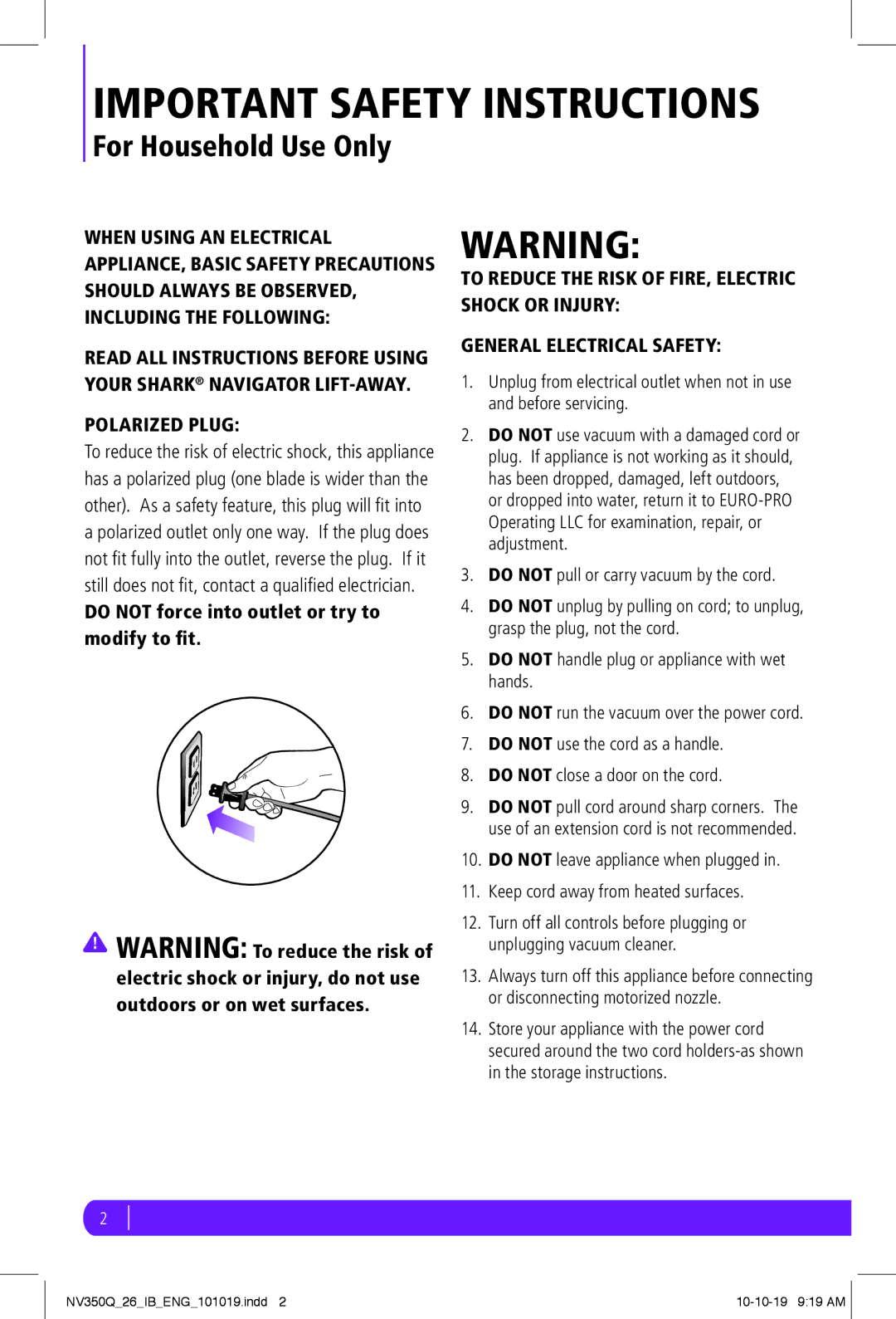 Shark NV350Q manual Important Safety Instructions 