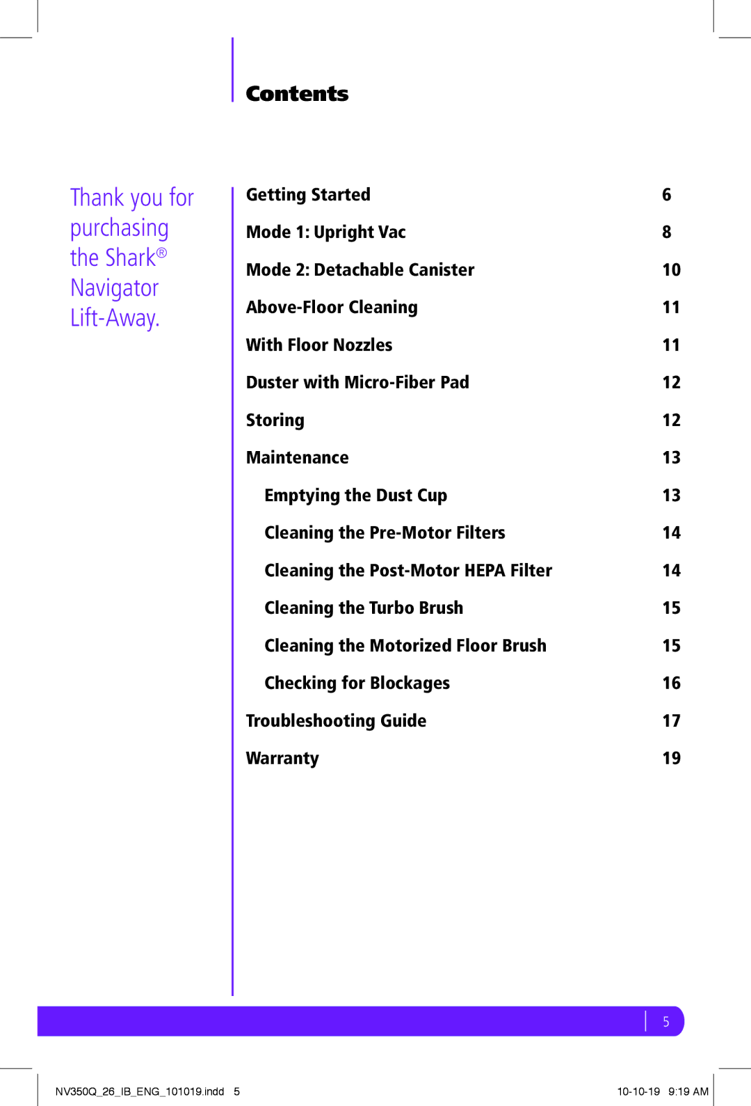 Shark NV350Q manual Contents 