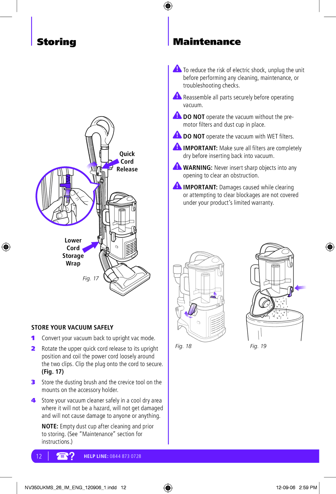 Shark NV350UKMS manual StoringMaintenance, Store Your Vacuum Safely, Reassemble all parts securely before operating vacuum 