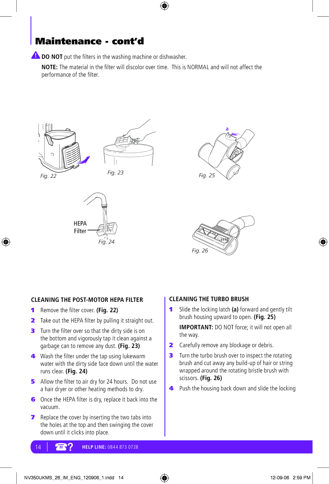 Shark NV350UKMS manual Maintenance cont’d, Cleaning the POST-MOTOR Hepa Filter, Cleaning the Turbo Brush 