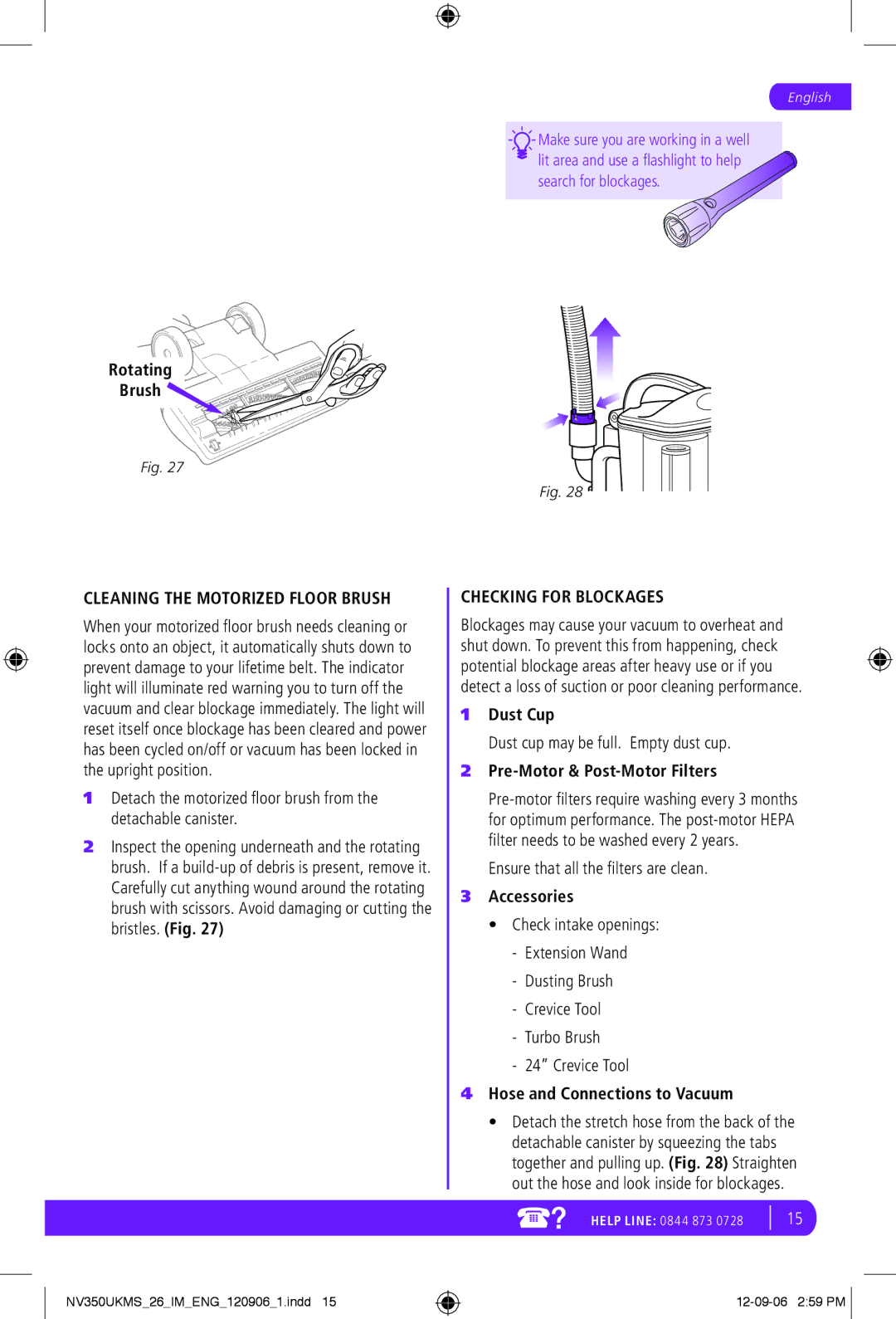 Shark NV350UKMS manual Cleaning the Motorized Floor Brush, Checking for Blockages, Dust cup may be full. Empty dust cup 