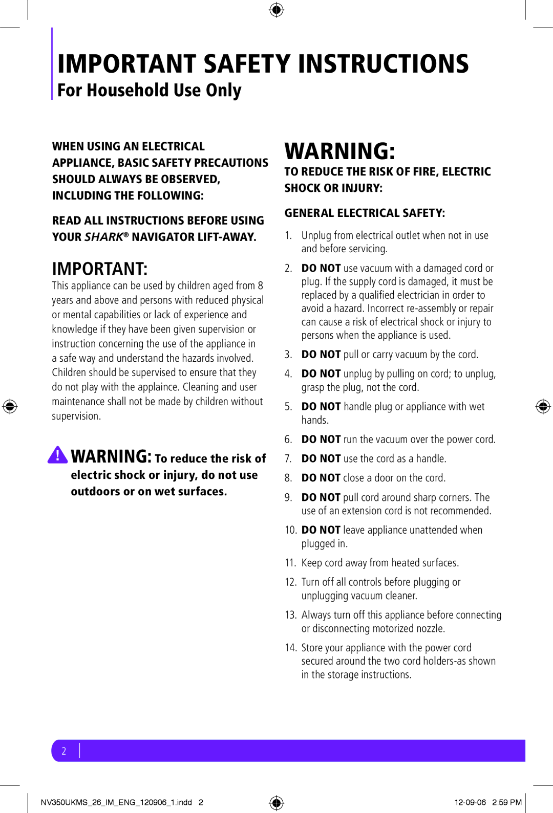 Shark NV350UKMS manual Important Safety Instructions 