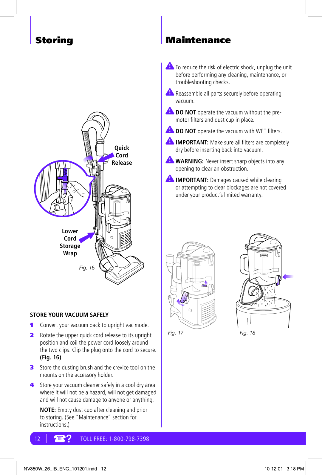 Shark NV350W manual StoringMaintenance, Store Your Vacuum Safely, Reassemble all parts securely before operating vacuum 