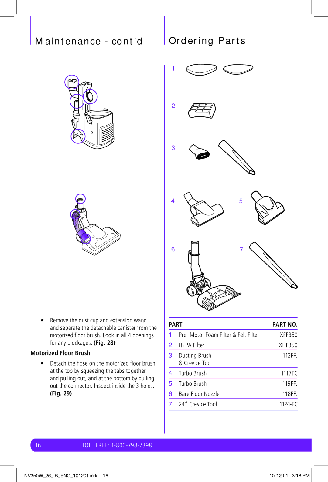 Shark NV350W manual Maintenance cont’d Ordering Parts, XFF350 