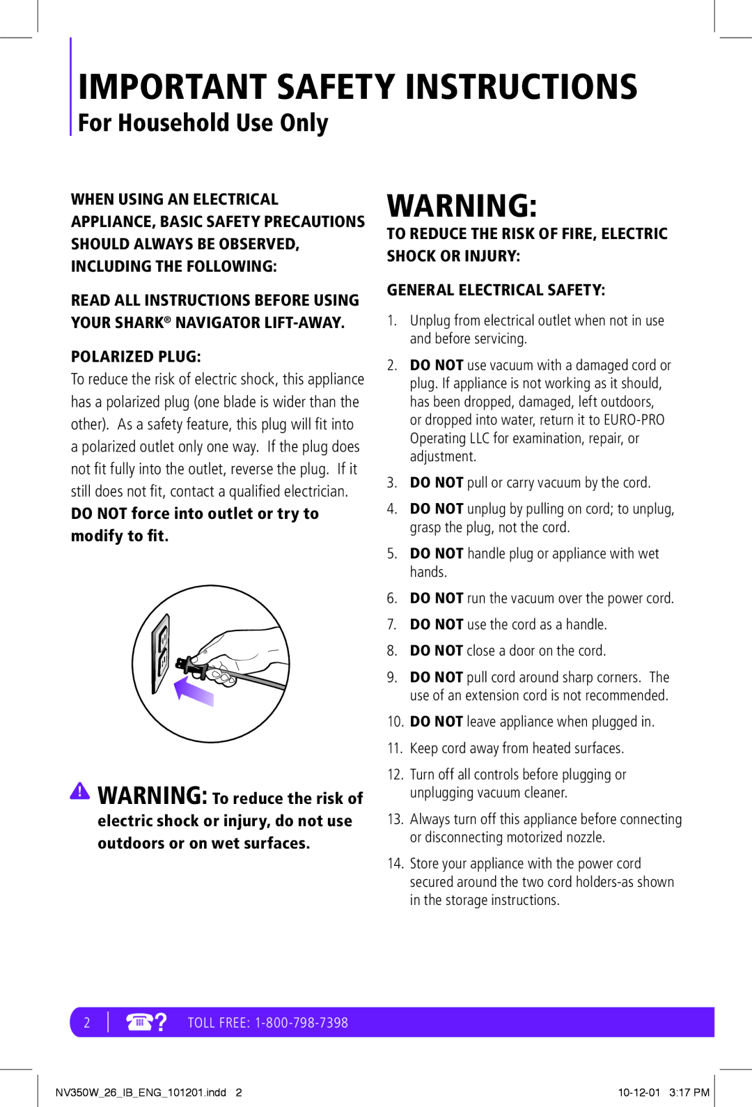 Shark NV350W manual Important Safety Instructions 