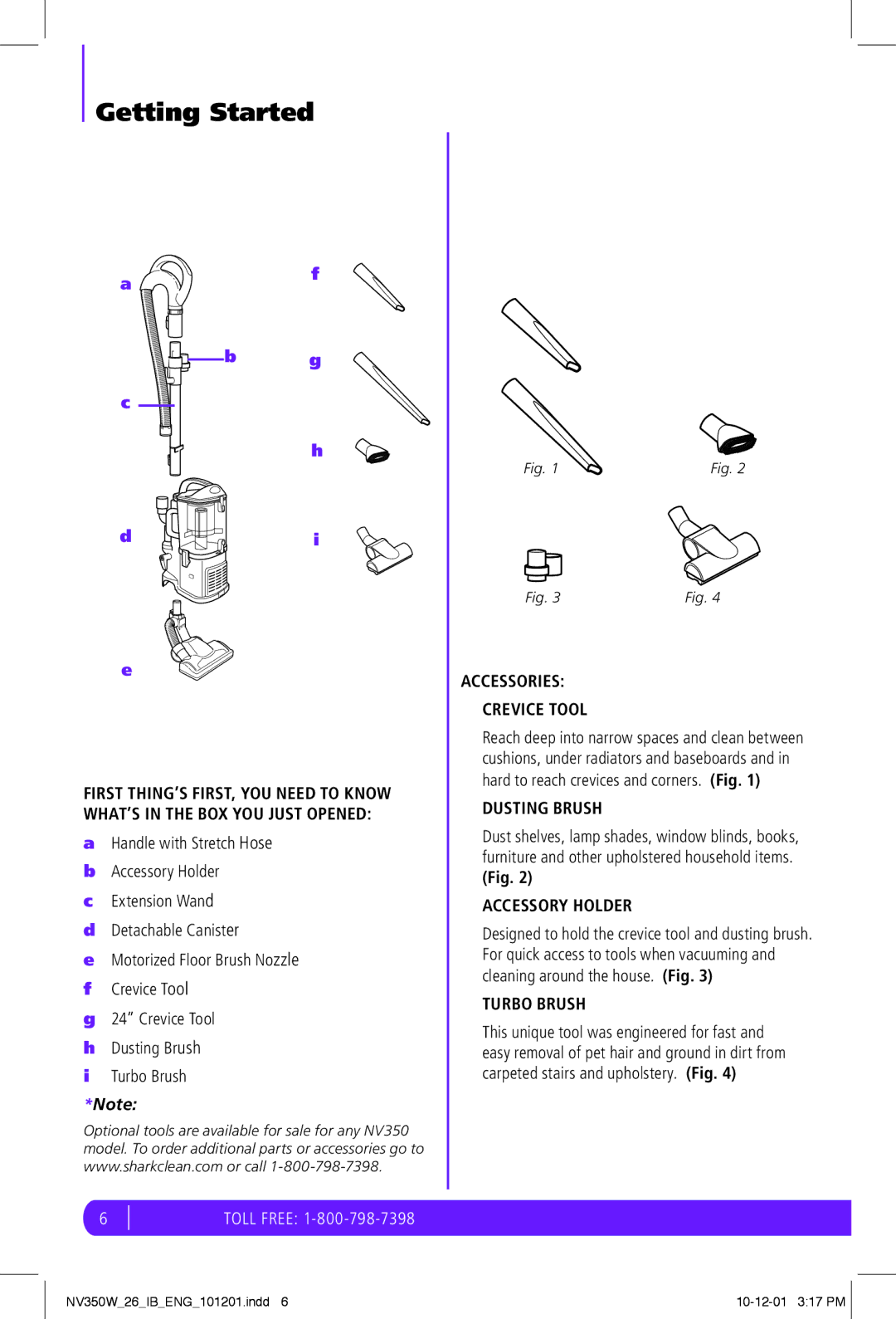 Shark NV350W manual Getting Started, Accessories Crevice Tool, Dusting Brush, Accessory Holder, Turbo Brush 