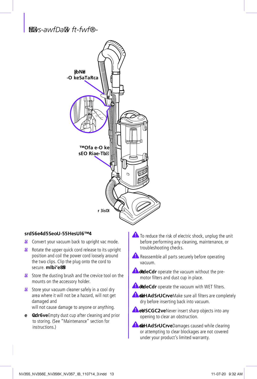 Shark NV355 manual Storage and Maintenance, Store Your Vacuum Safely, Reassemble all parts securely before operating vacuum 