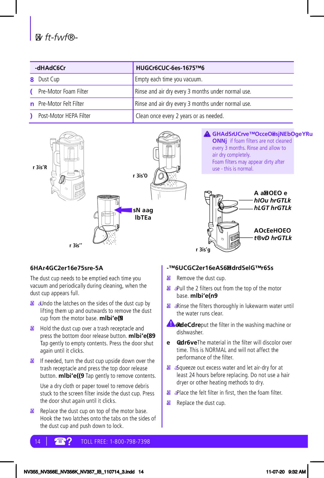 Shark NV356K, NV356E, NV355, NV357 Component Maintenance Schedule, Emptying the Dust CUP, Cleaning the PRE-MOTOR Filters 