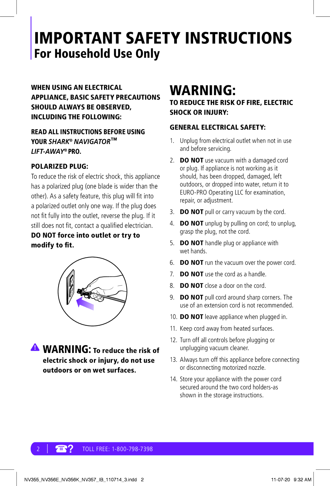 Shark NV356K, NV356E, NV355, NV357 manual Important Safety Instructions 