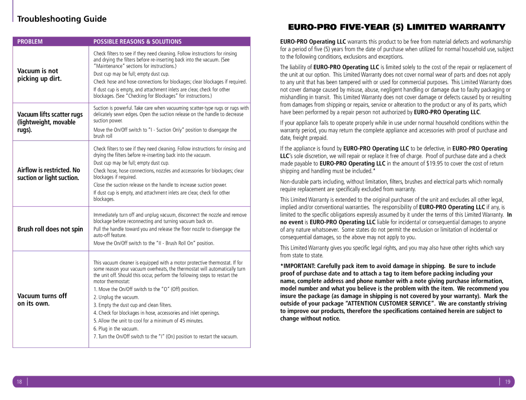 Shark NV356Q manual Troubleshooting Guide 