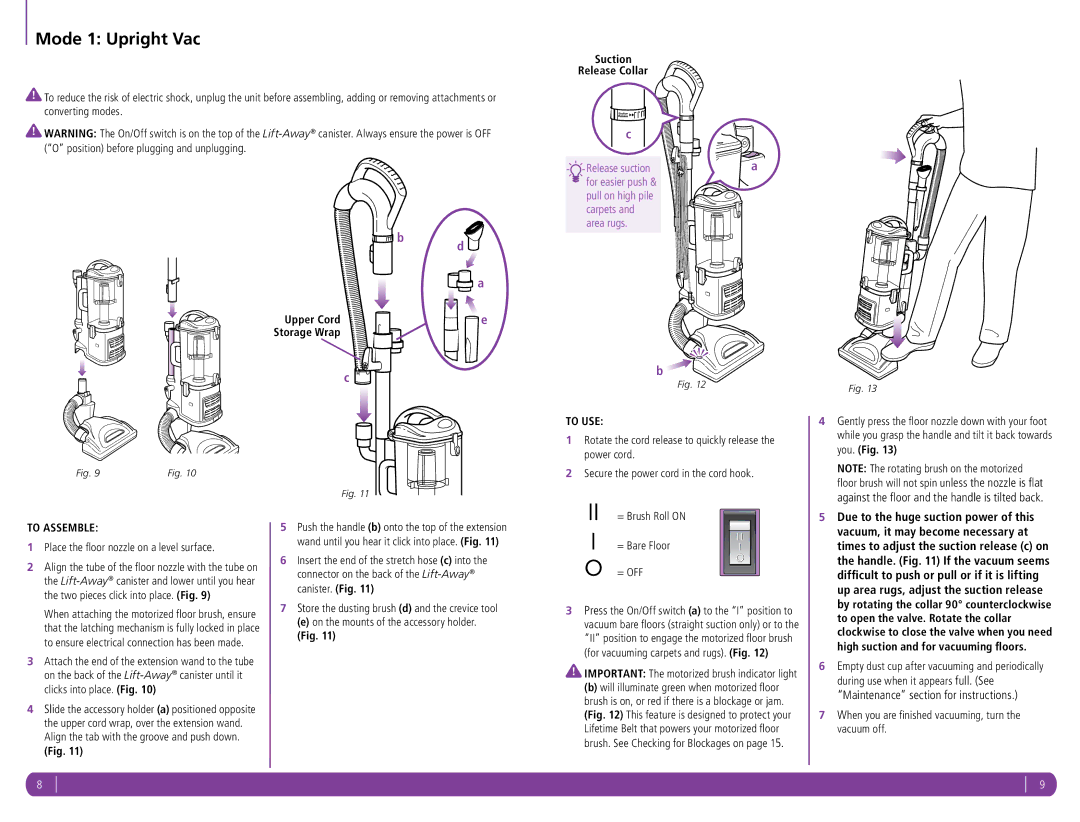 Shark NV356Q manual Mode 1 Upright Vac, To USE, To Assemble 