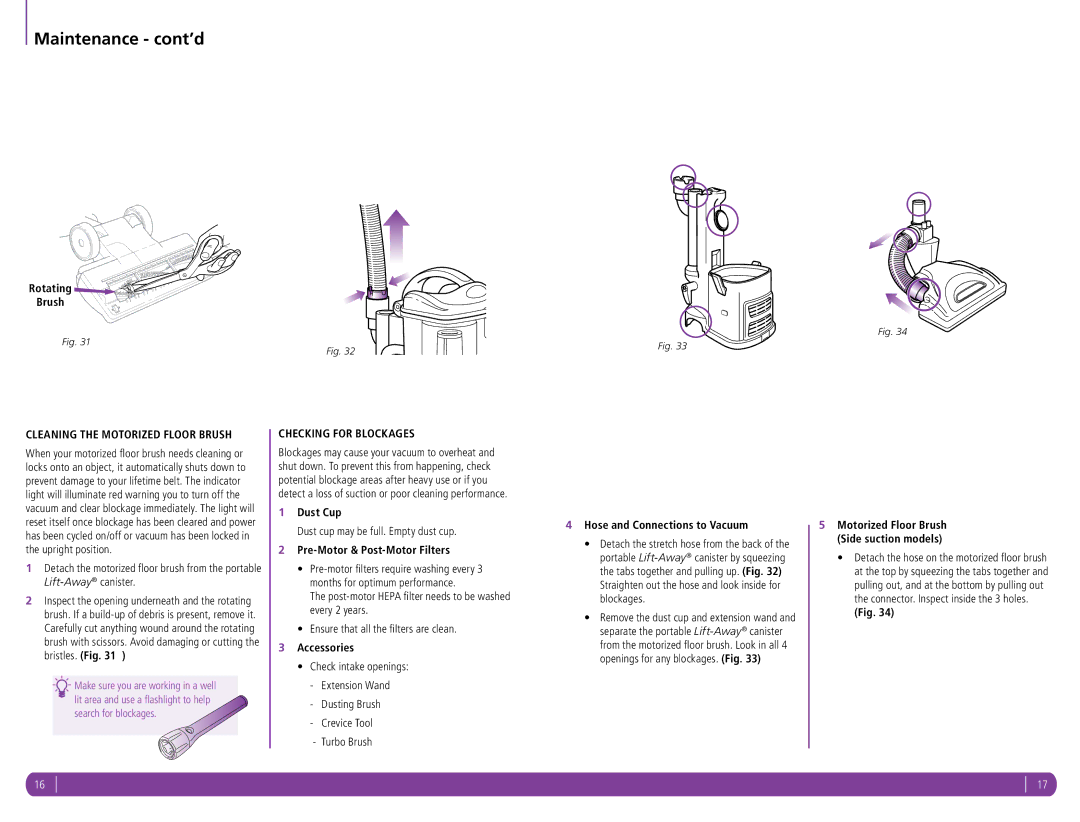 Shark NV356Q manual Maintenance cont’d, Cleaning the Motorized Floor Brush, Checking for Blockages 