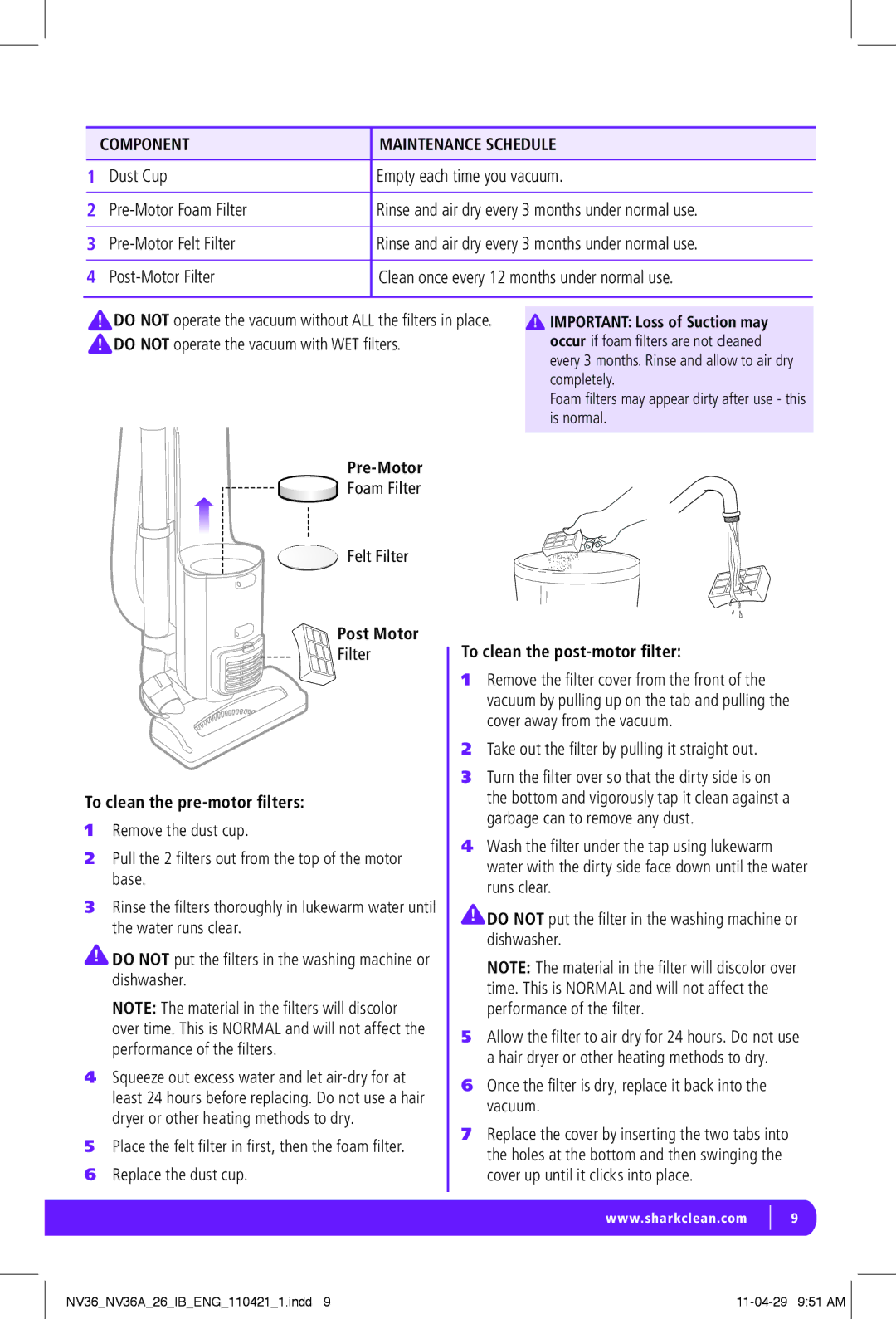 Shark NV36A-26, NV36-26 manual Component Maintenance Schedule, Pre-Motor, Post Motor, To clean the pre-motor filters 