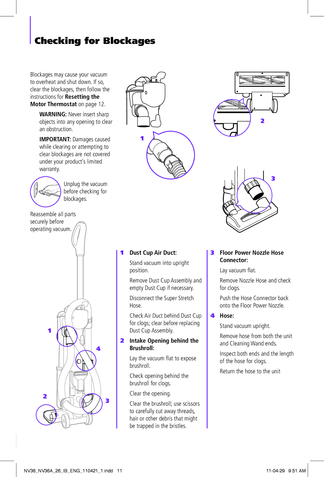 Shark NV36A-26, NV36-26 manual Checking for Blockages, Dust Cup Air Duct, Intake Opening behind the Brushroll, Hose 