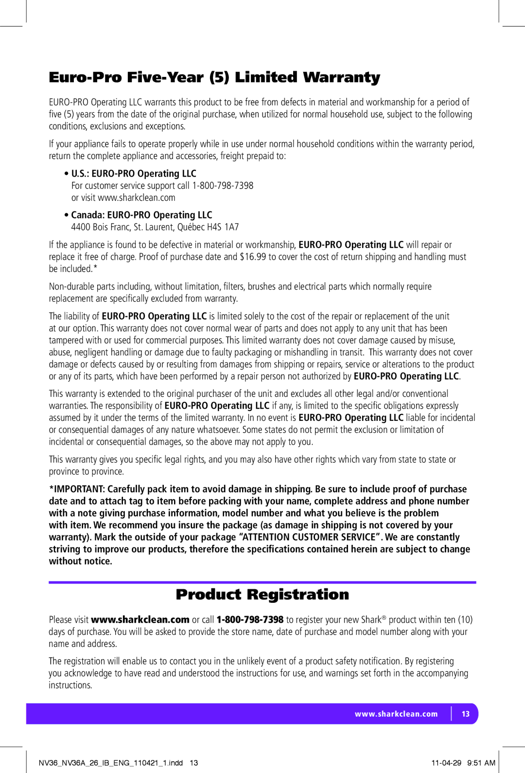Shark NV36A-26, NV36-26 manual Euro-Pro Five-Year 5 Limited Warranty, Product Registration 