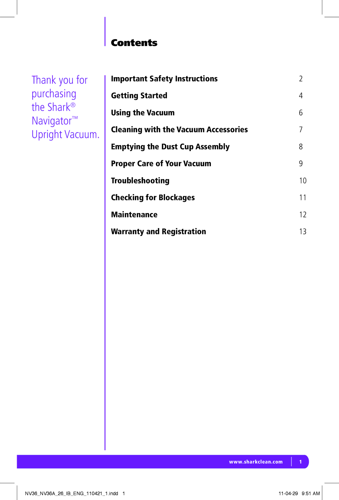 Shark NV36A-26, NV36-26 manual Contents 